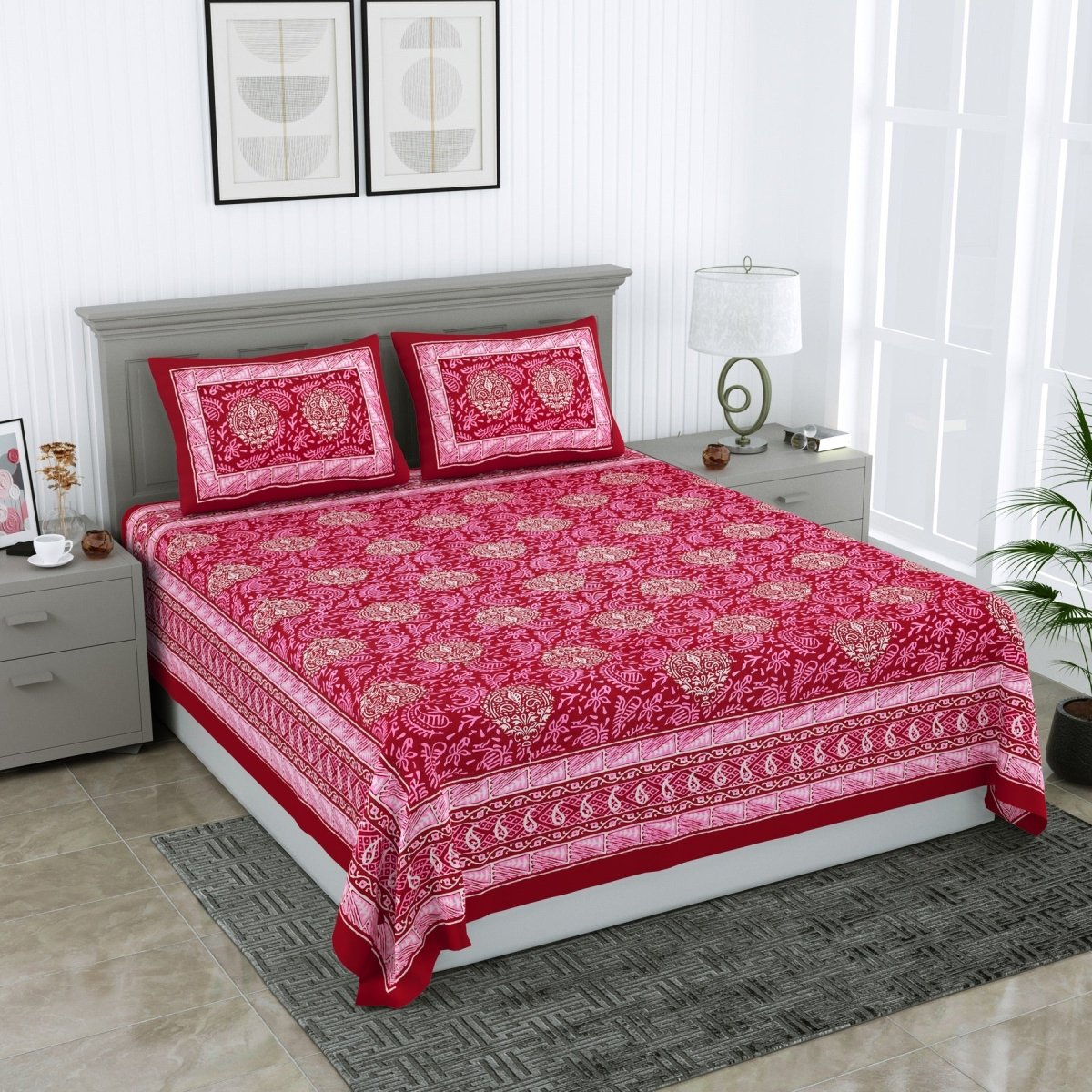 Jaipuri Hand Printed Queen Size Cotton Red Bedsheet with Pillow Covers | Verified Sustainable by Brown Living™