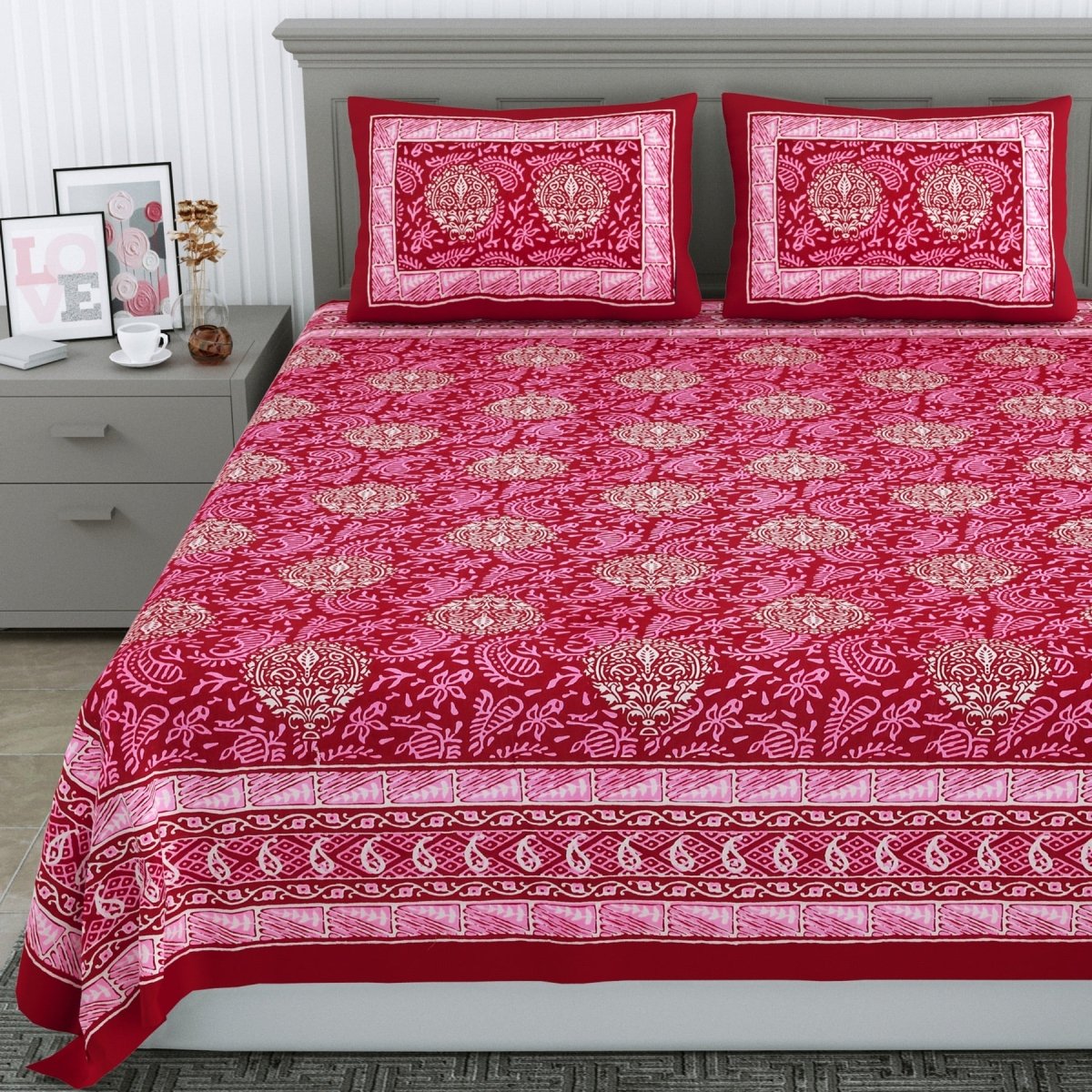 Jaipuri Hand Printed Queen Size Cotton Red Bedsheet with Pillow Covers | Verified Sustainable by Brown Living™