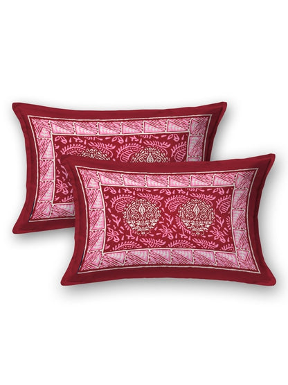 Jaipuri Hand Printed Queen Size Cotton Red Bedsheet with Pillow Covers | Verified Sustainable by Brown Living™