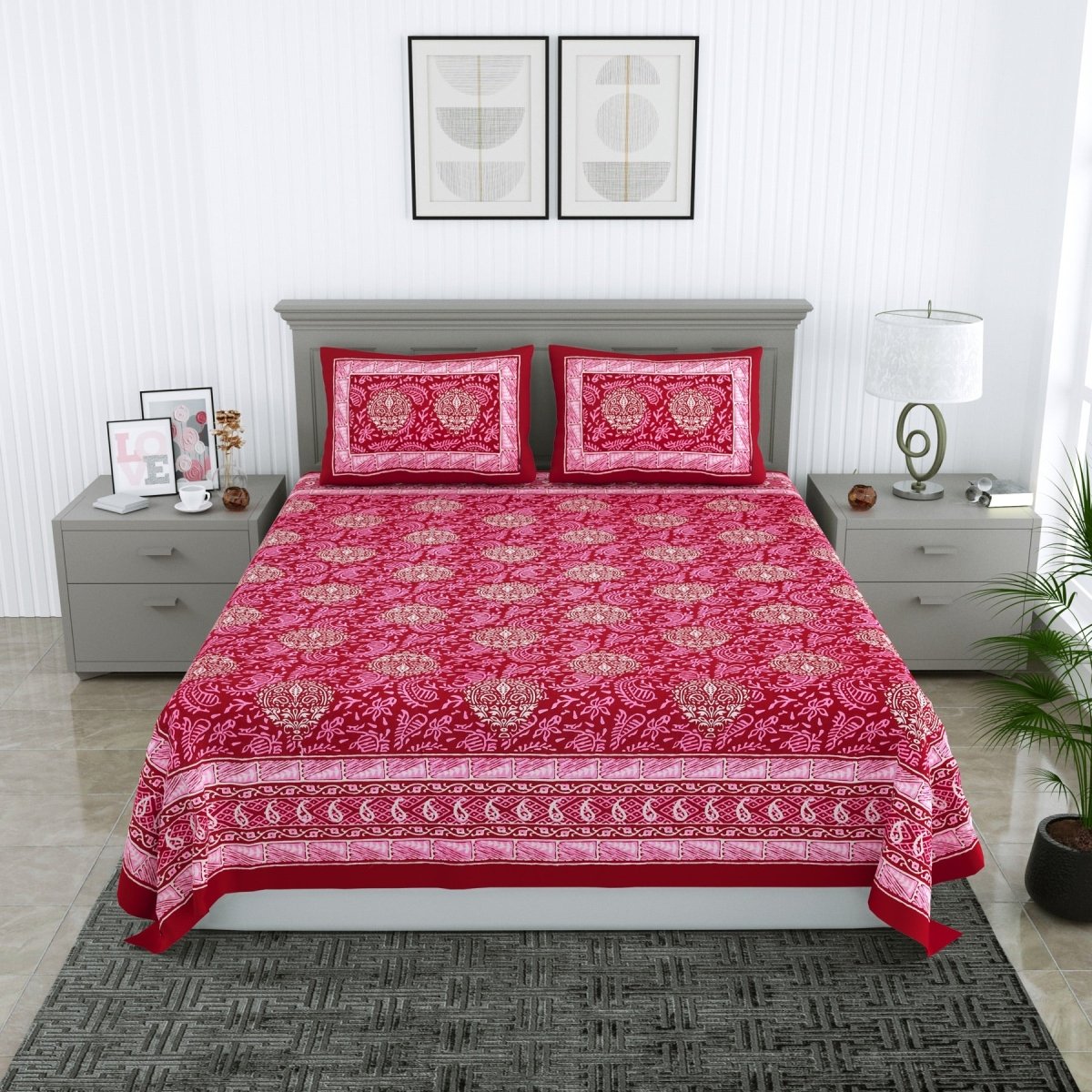 Jaipuri Hand Printed Queen Size Cotton Red Bedsheet with Pillow Covers | Verified Sustainable by Brown Living™