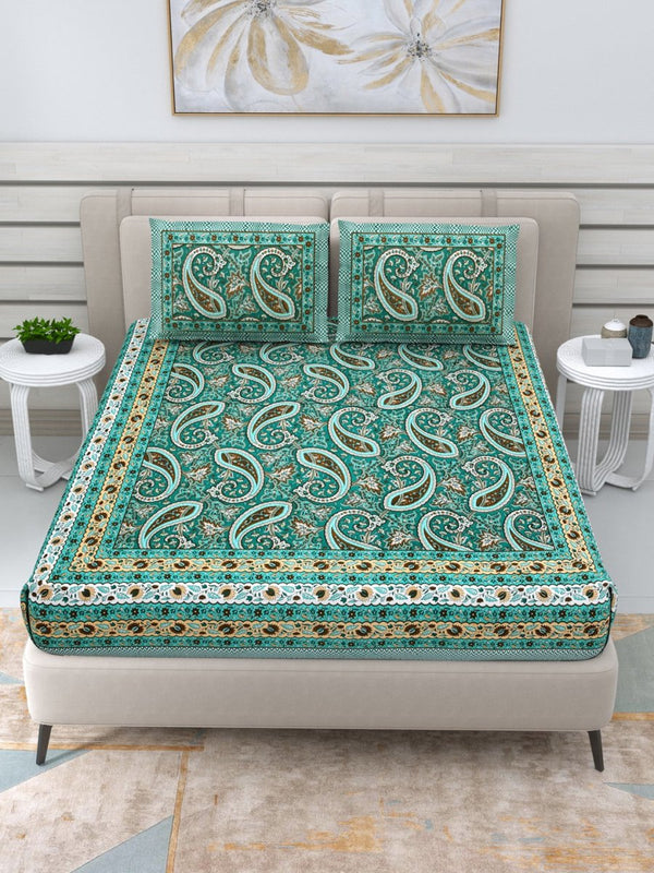 Buy Jaipuri Hand Printed Queen Size Cotton Teal Bedsheet with Pillow Covers | Shop Verified Sustainable Products on Brown Living