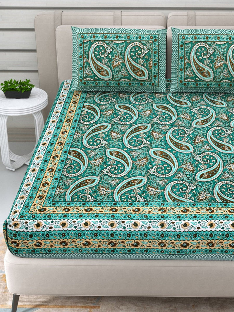 Buy Jaipuri Hand Printed Queen Size Cotton Teal Bedsheet with Pillow Covers | Shop Verified Sustainable Products on Brown Living