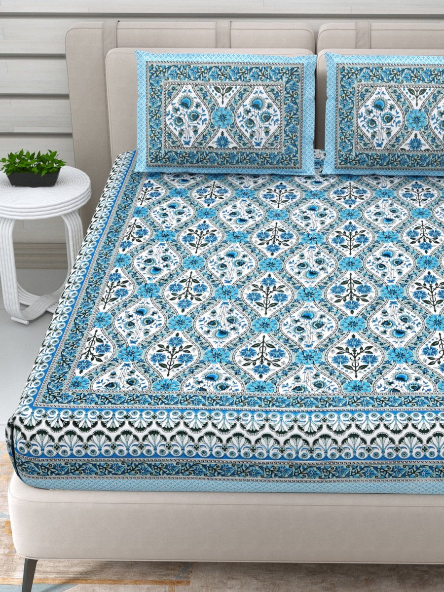 Jaipuri Hand Printed Queen Size Cotton Blue Bedding Set | Verified Sustainable by Brown Living™