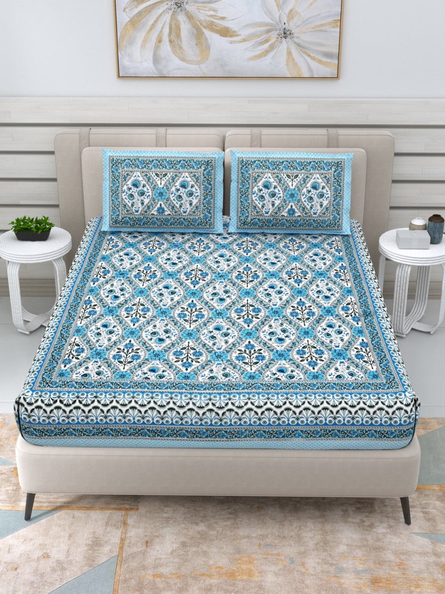 Jaipuri Hand Printed Queen Size Cotton Blue Bedding Set | Verified Sustainable by Brown Living™