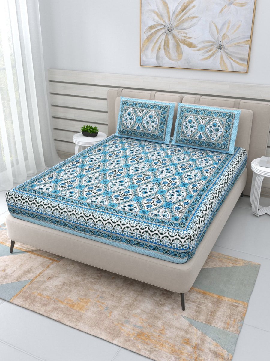 Jaipuri Hand Printed Queen Size Cotton Blue Bedding Set | Verified Sustainable by Brown Living™