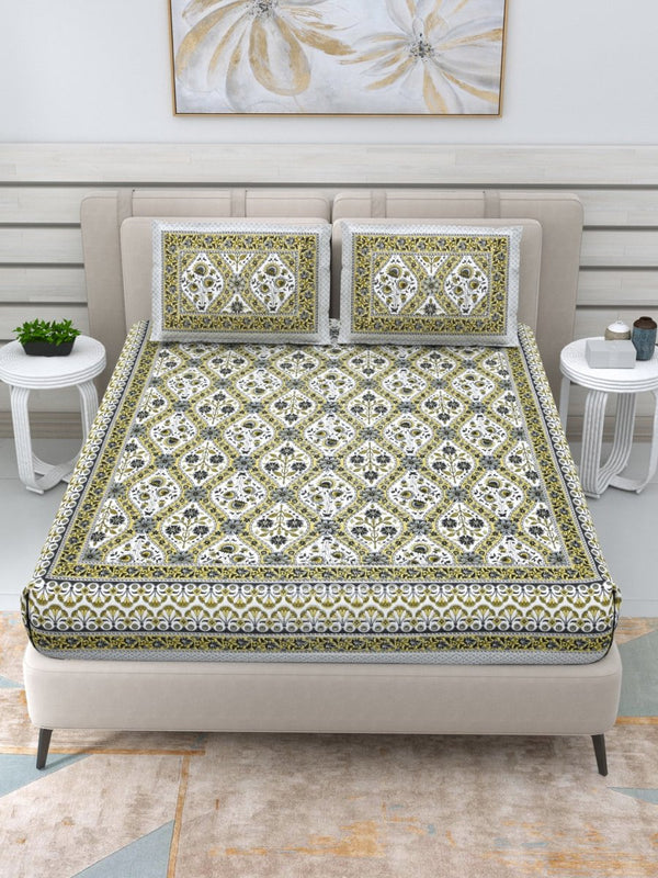 Buy Jaipuri Hand Printed Queen Size Cotton Yellow Bedding Set -630 | Shop Verified Sustainable Products on Brown Living
