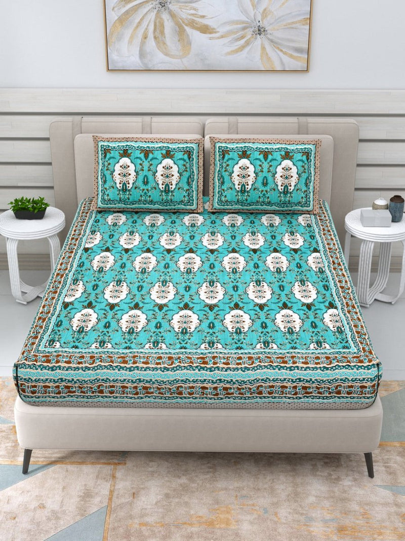 Jaipuri Hand Printed Queen Size Cotton Bedding Set - Green | Verified Sustainable by Brown Living™