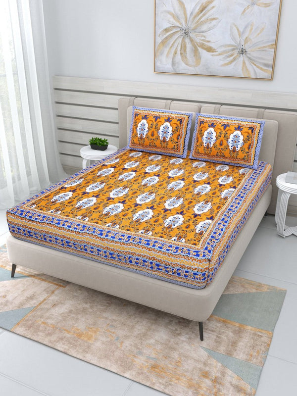 Buy Jaipuri Hand Printed Queen Size Cotton Yellow Bedding Set -647 | Shop Verified Sustainable Products on Brown Living