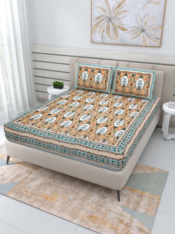 Buy Jaipuri Hand Printed Queen Size Cotton Yellow Bedding Set -650 | Shop Verified Sustainable Bed Linens on Brown Living™