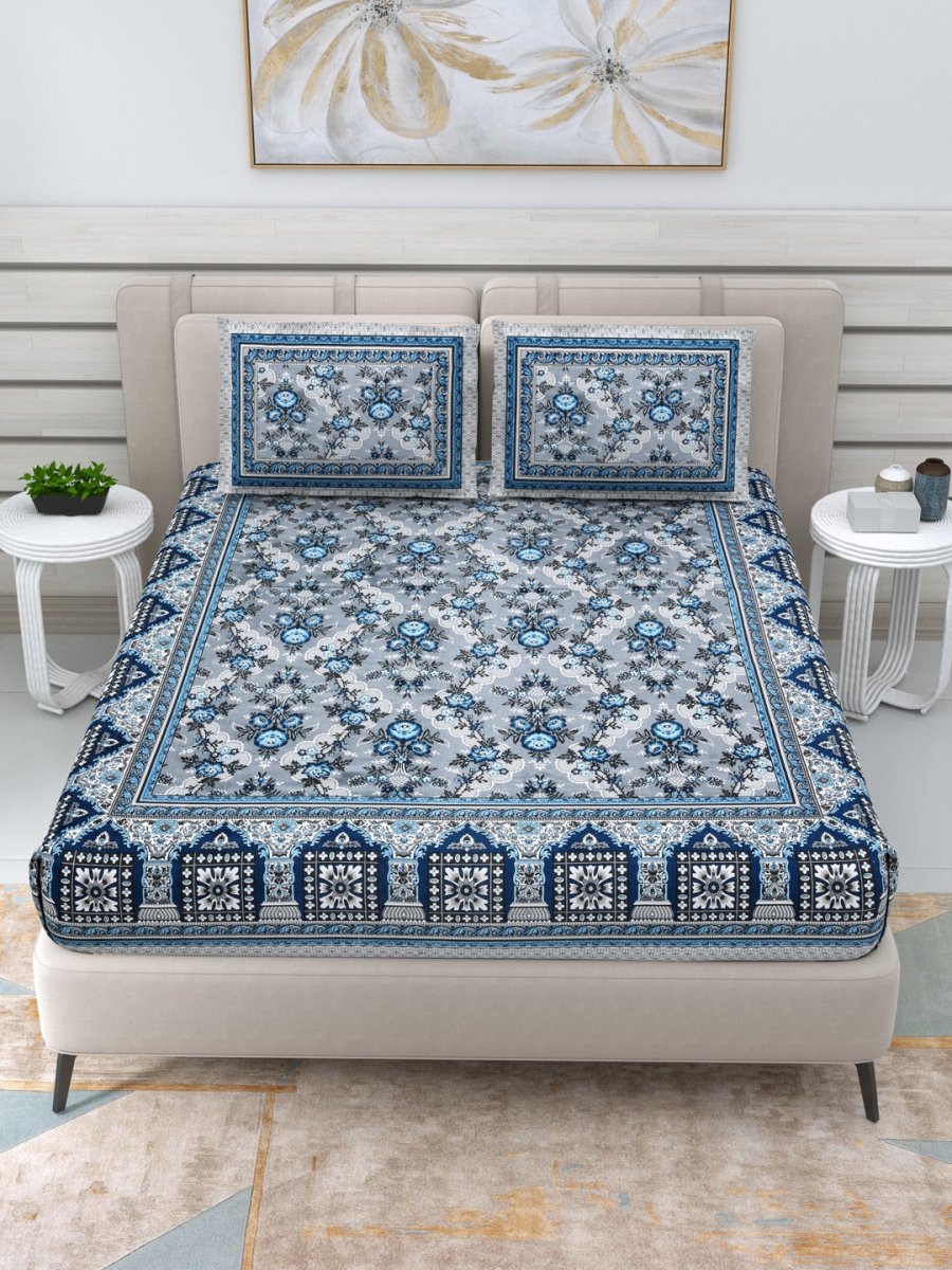 Jaipuri Hand Printed Queen Size Cotton Bedding Set - Blue | Verified Sustainable by Brown Living™