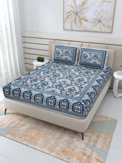 Jaipuri Hand Printed Queen Size Cotton Bedding Set - Blue | Verified Sustainable by Brown Living™