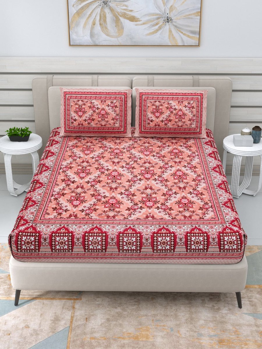 Jaipuri Hand Printed Queen Size Cotton Bedding Set - Orange | Verified Sustainable by Brown Living™