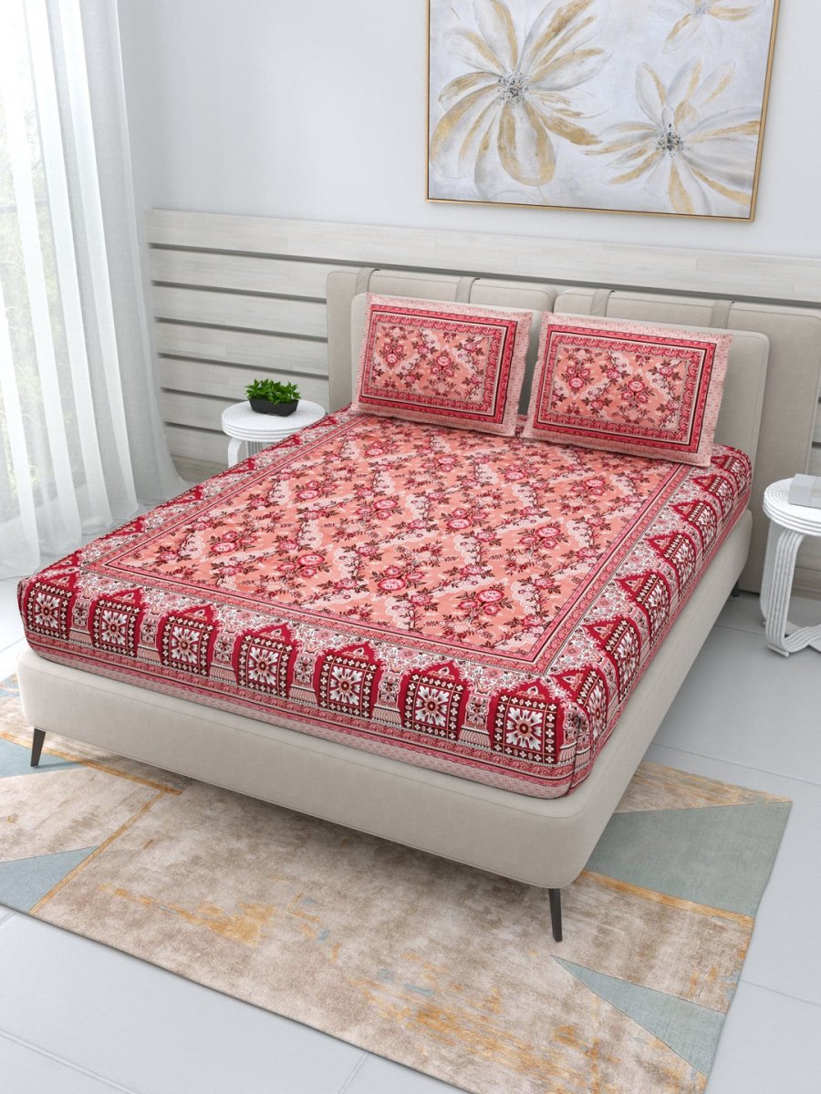 Jaipuri Hand Printed Queen Size Cotton Bedding Set - Orange | Verified Sustainable by Brown Living™