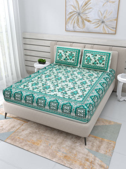 Jaipuri Hand Printed Queen Size Cotton Bedding Set - Green | Verified Sustainable by Brown Living™