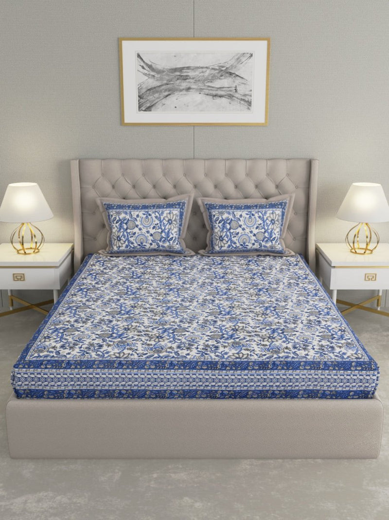 Jaipuri Print King Size 330 TC Pure Cotton Bedsheet with Pillow Covers- Blue | Verified Sustainable Bed Linens on Brown Living™