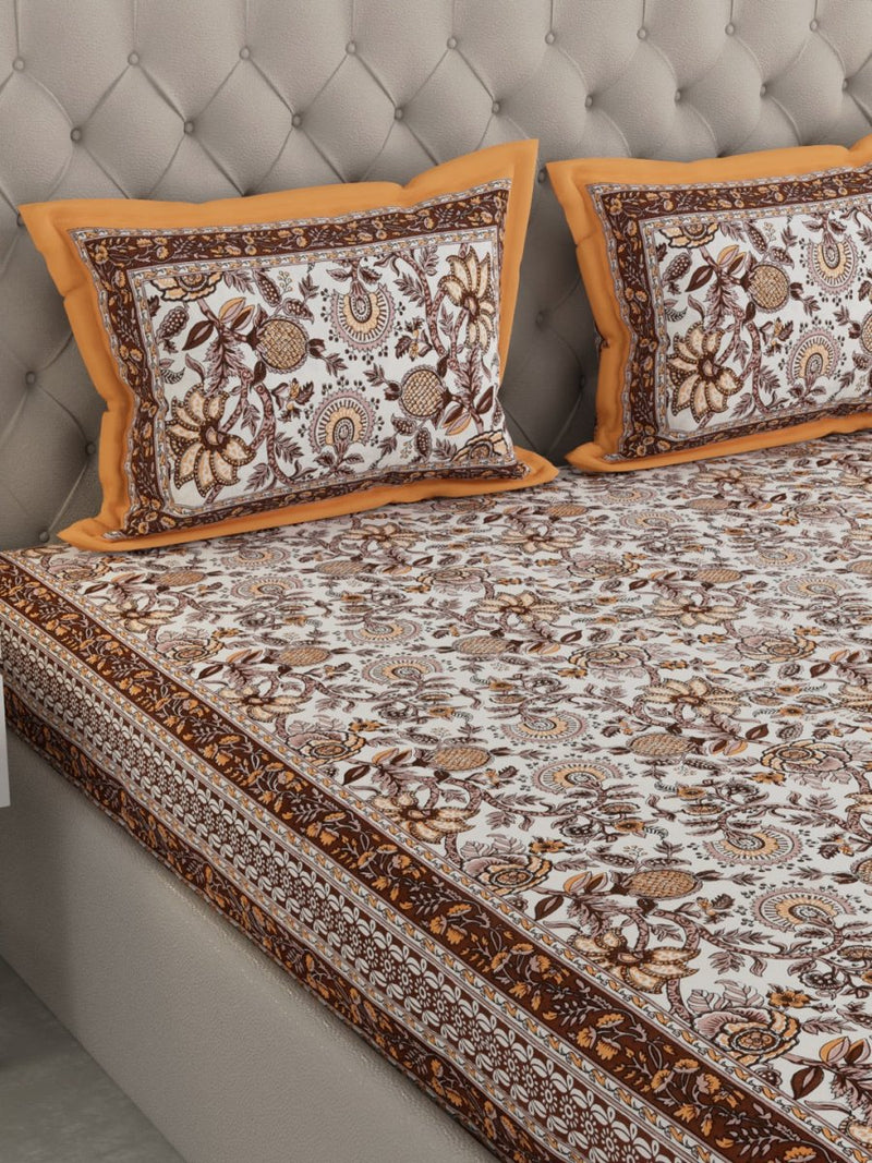 Jaipuri Print King Size 330 TC Pure Cotton Bedsheet with Pillow Covers- Brown | Verified Sustainable Bed Linens on Brown Living™