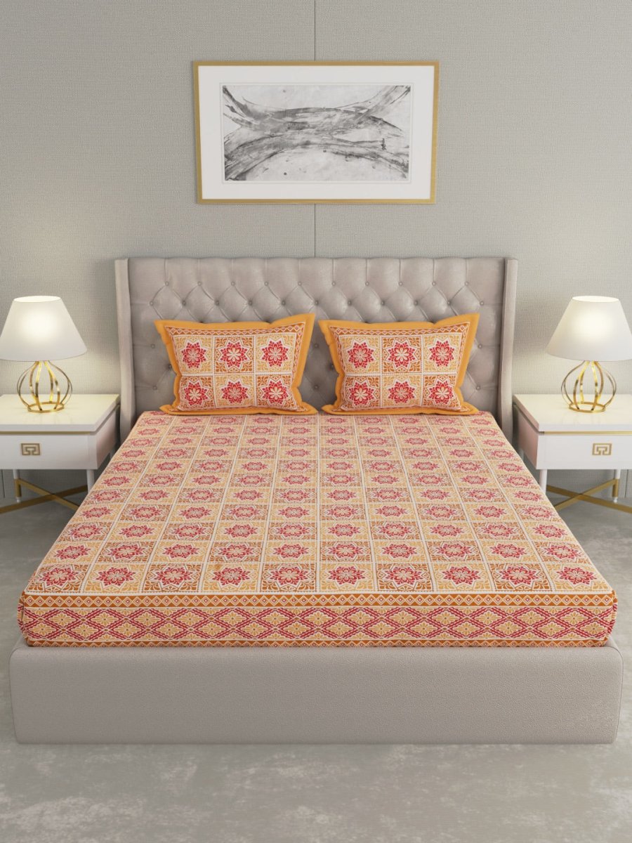 Jaipuri Print King Size Pure Cotton Bedsheet with Pillow Covers - Orange | Verified Sustainable by Brown Living™