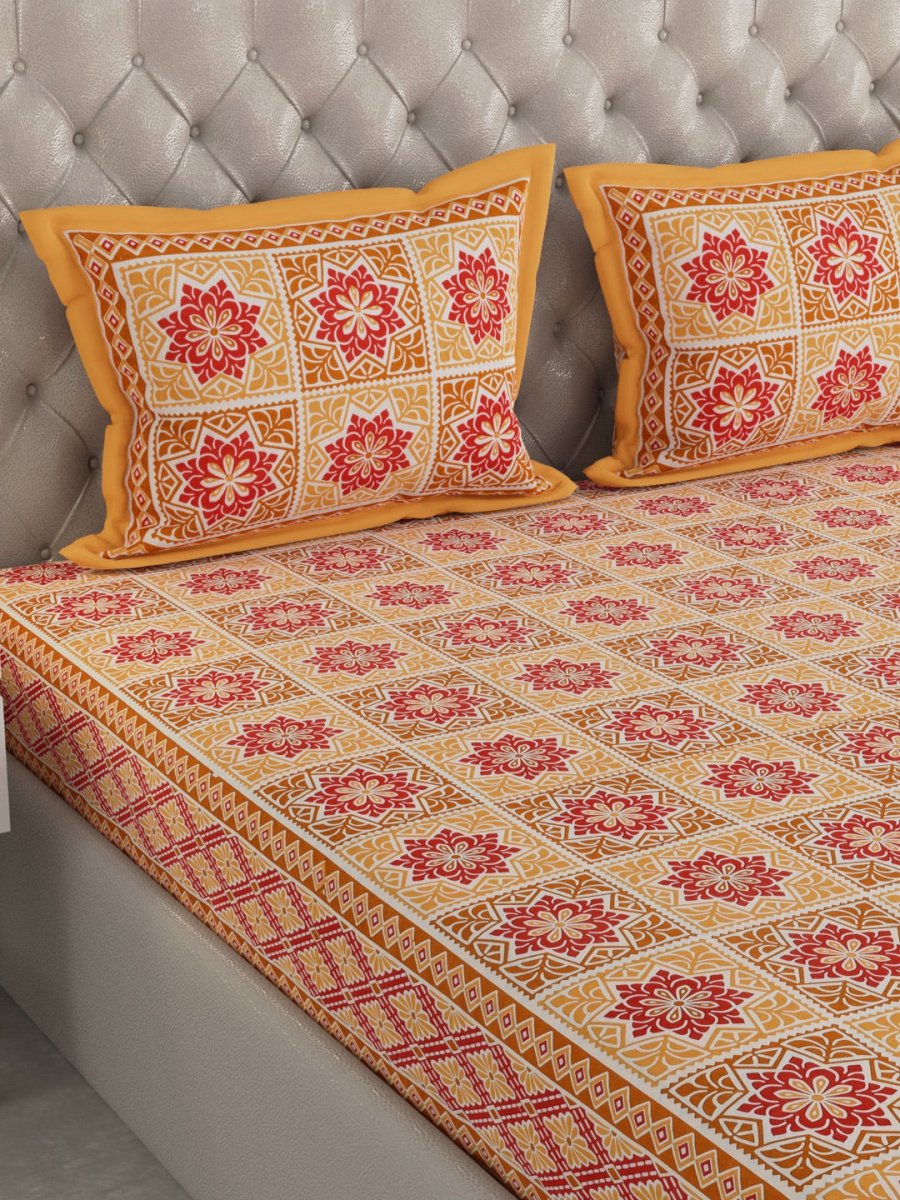 Jaipuri Print King Size Pure Cotton Bedsheet with Pillow Covers - Orange | Verified Sustainable by Brown Living™