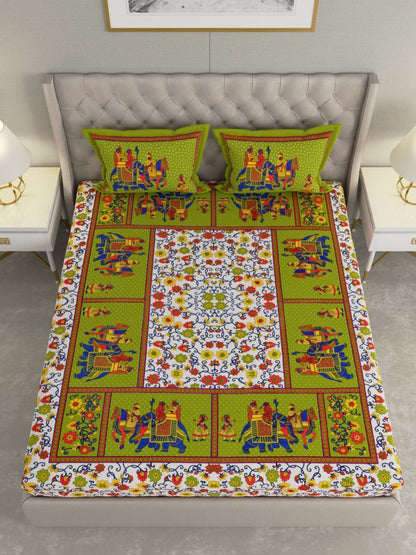 Jaipuri Print King Size Pure Cotton Bedsheet with Pillow Covers | Verified Sustainable by Brown Living™