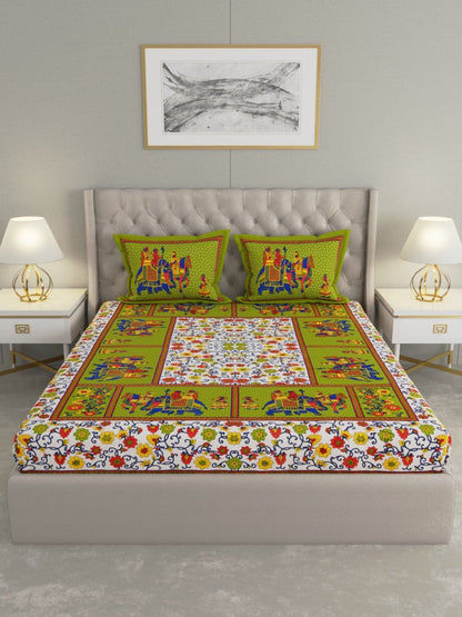 Jaipuri Print King Size Pure Cotton Bedsheet with Pillow Covers | Verified Sustainable by Brown Living™