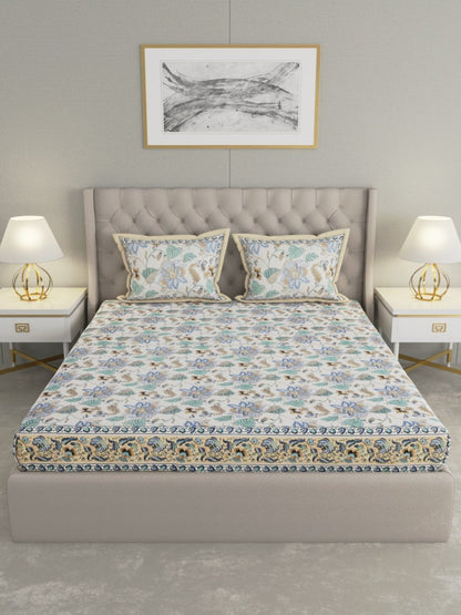 Jaipuri Print King Size 330 TC Pure Cotton Bedsheet with Pillow Covers - Off White | Verified Sustainable by Brown Living™