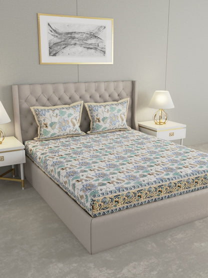 Jaipuri Print King Size 330 TC Pure Cotton Bedsheet with Pillow Covers - Off White | Verified Sustainable by Brown Living™