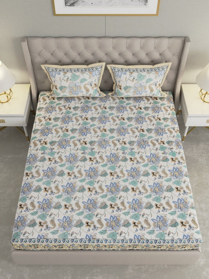 Jaipuri Print King Size 330 TC Pure Cotton Bedsheet with Pillow Covers - Off White | Verified Sustainable by Brown Living™