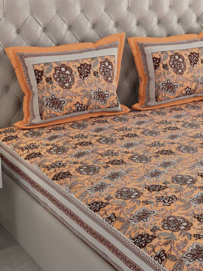Jaipuri Print King Size 330 TC Pure Cotton Bedsheet with Pillow Covers- Orange | Verified Sustainable Bed Linens on Brown Living™
