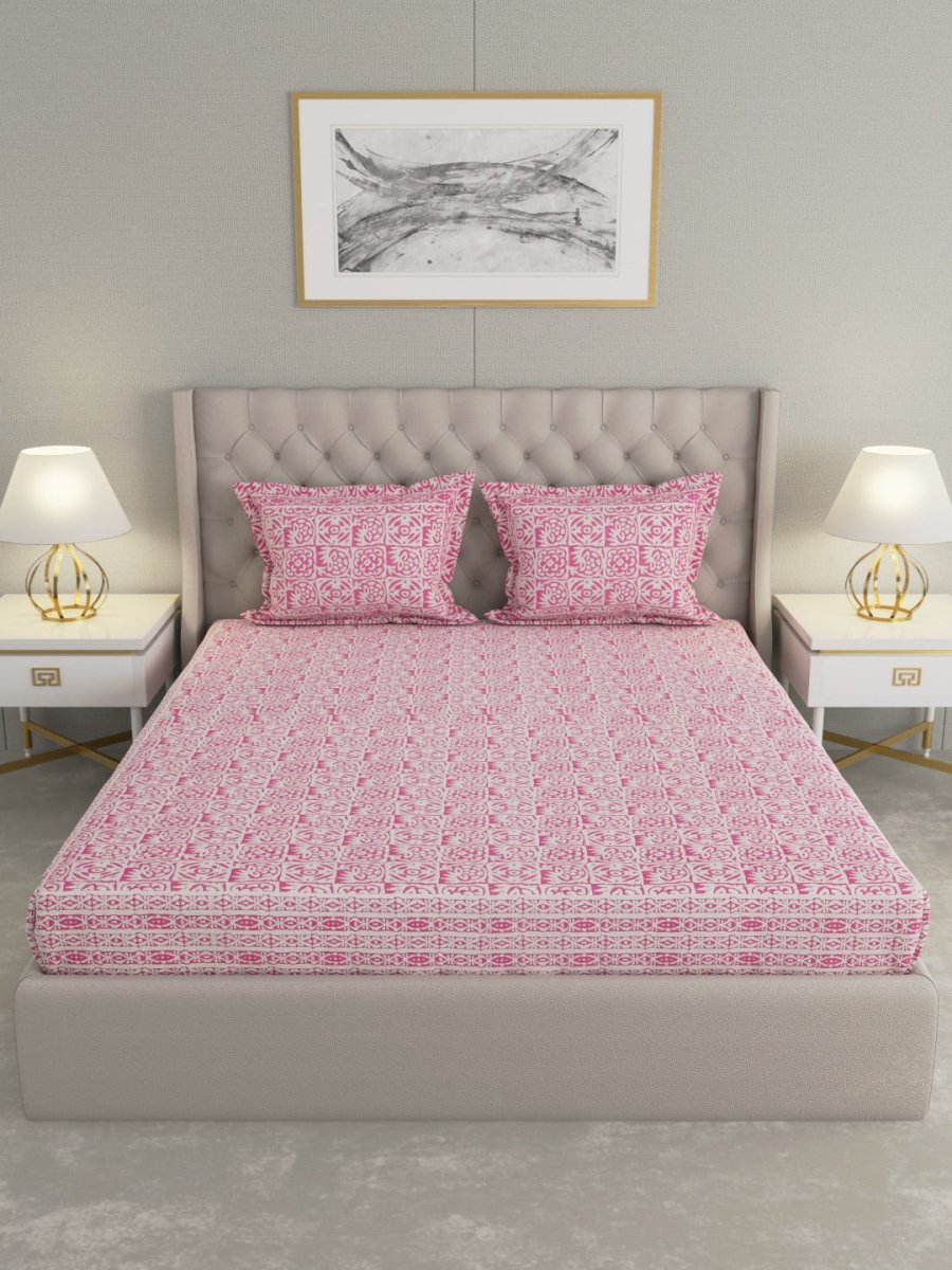 Jaipuri Print King Size 330 TC Pure Cotton Bedsheet with Pillow Covers - Pink | Verified Sustainable by Brown Living™