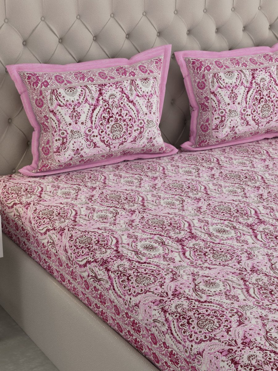 Jaipuri Print King Size 330 TC Pure Cotton Bedsheet with Pillow Covers - Pink | Verified Sustainable by Brown Living™