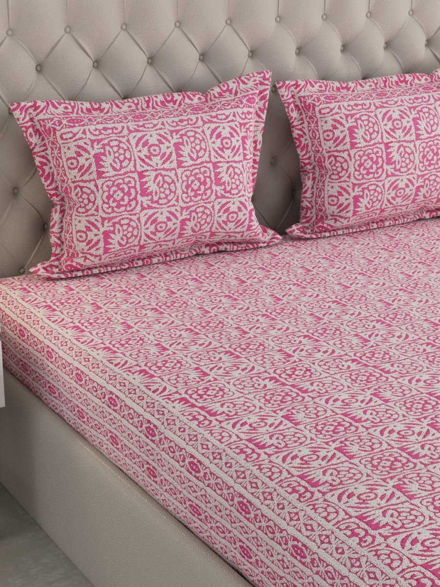 Jaipuri Print King Size 330 TC Pure Cotton Bedsheet with Pillow Covers - Pink | Verified Sustainable by Brown Living™