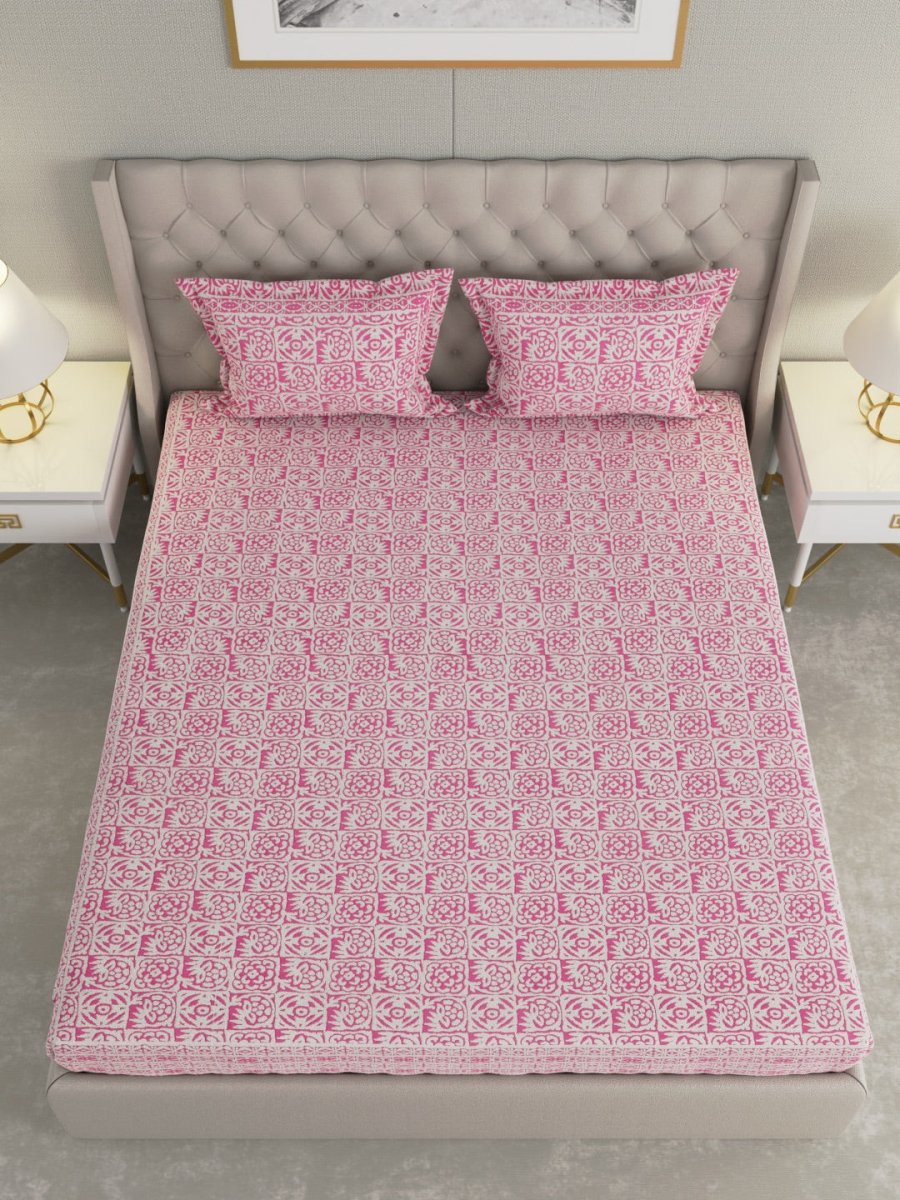 Jaipuri Print King Size 330 TC Pure Cotton Bedsheet with Pillow Covers - Pink | Verified Sustainable by Brown Living™