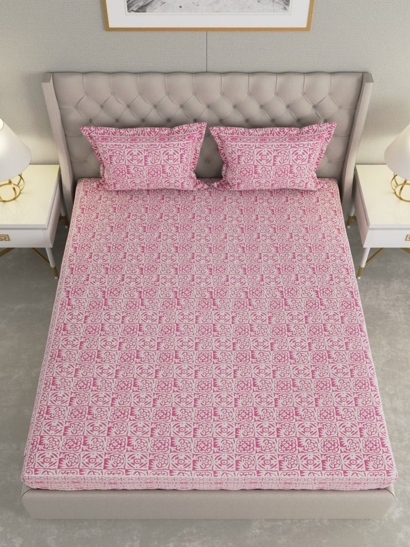 Jaipuri Print King Size 330 TC Pure Cotton Bedsheet with Pillow Covers- Pink | Verified Sustainable Bed Linens on Brown Living™