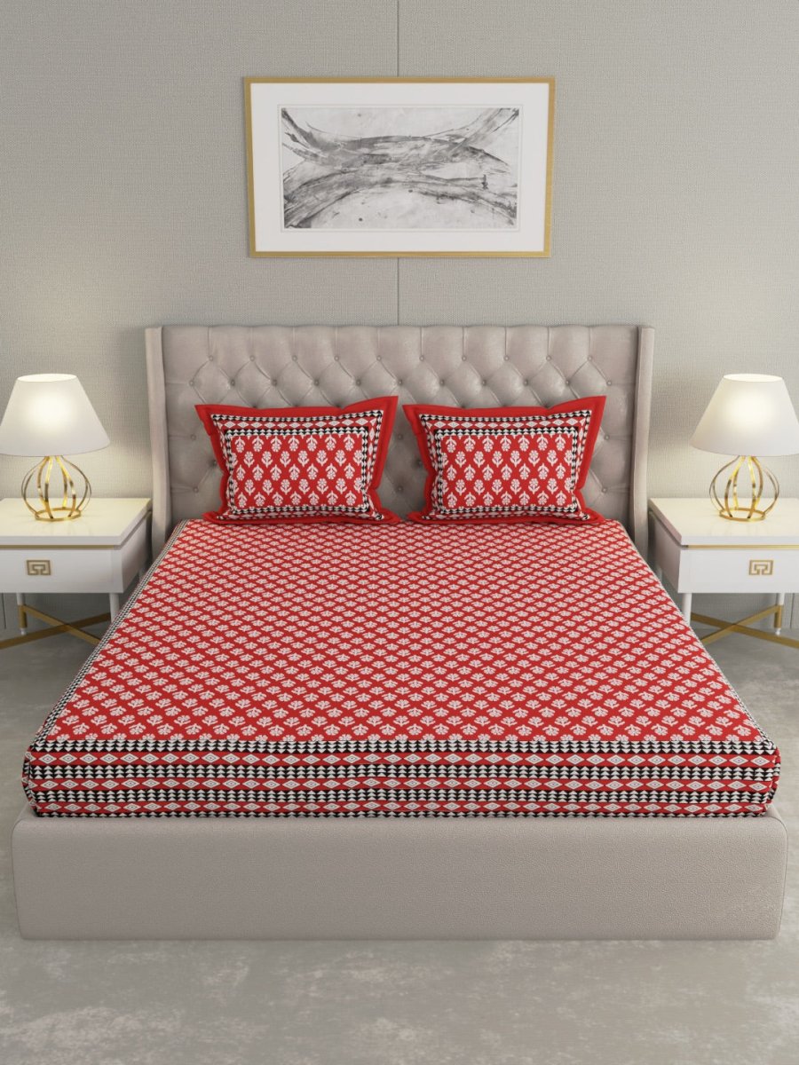 Jaipuri Print King Size 330 TC Pure Cotton Bedsheet with Pillow Covers - Red | Verified Sustainable by Brown Living™