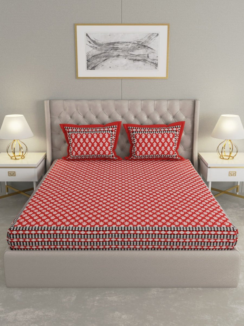 Jaipuri Print King Size 330 TC Pure Cotton Bedsheet with Pillow Covers- Red | Verified Sustainable Bed Linens on Brown Living™