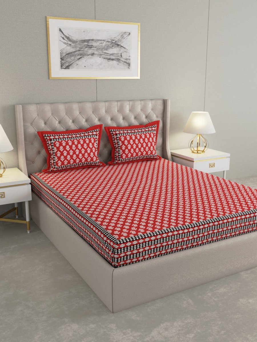 Jaipuri Print King Size 330 TC Pure Cotton Bedsheet with Pillow Covers - Red | Verified Sustainable by Brown Living™