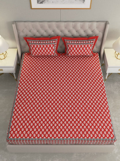 Jaipuri Print King Size 330 TC Pure Cotton Bedsheet with Pillow Covers - Red | Verified Sustainable by Brown Living™