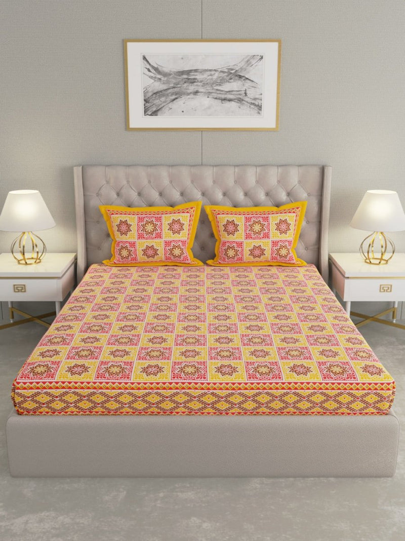 Jaipuri Print King Size 330 TC Pure Cotton Bedsheet with Pillow Covers- Yellow | Verified Sustainable Bed Linens on Brown Living™