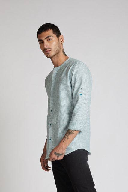 Buy Kaliedoscope Round Neck Shirt Teal Stripes | Shop Verified Sustainable Mens Shirt on Brown Living™