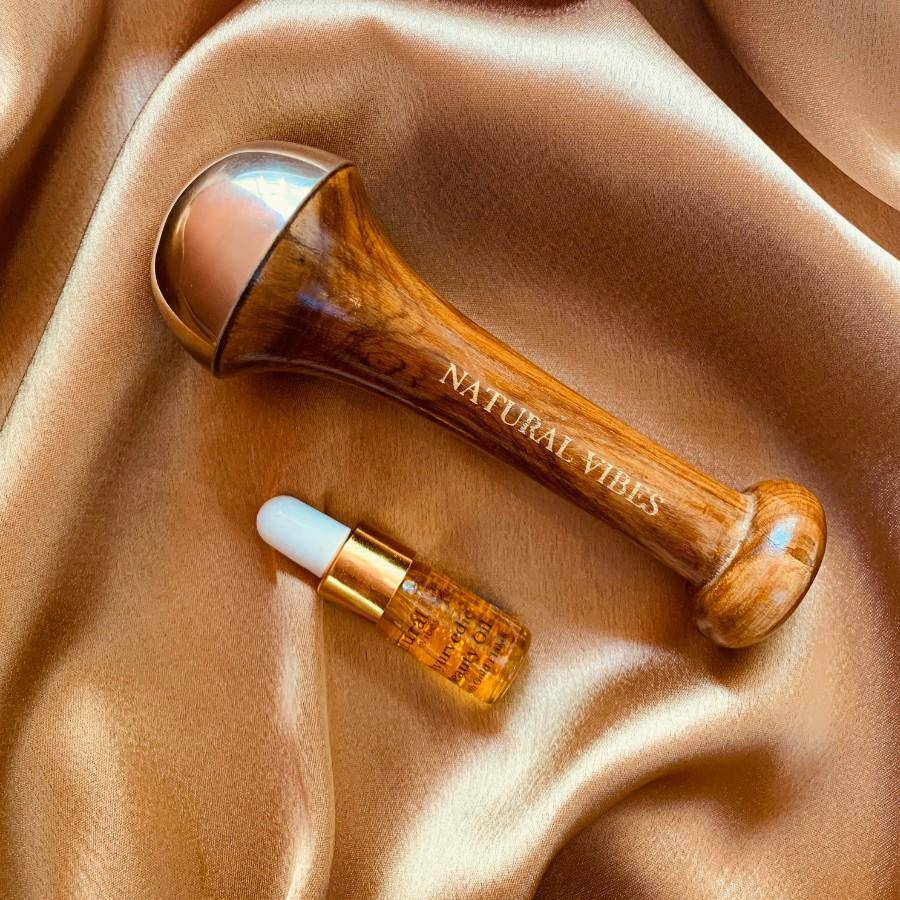 Kansa Face Massage Wand with FREE Gold Beauty Elixir Oil – Massager by Natural Vibes available on Brown Living™. . SKU: 063 - 11070 - NV_Kansa_Wand_oil. Img 2.