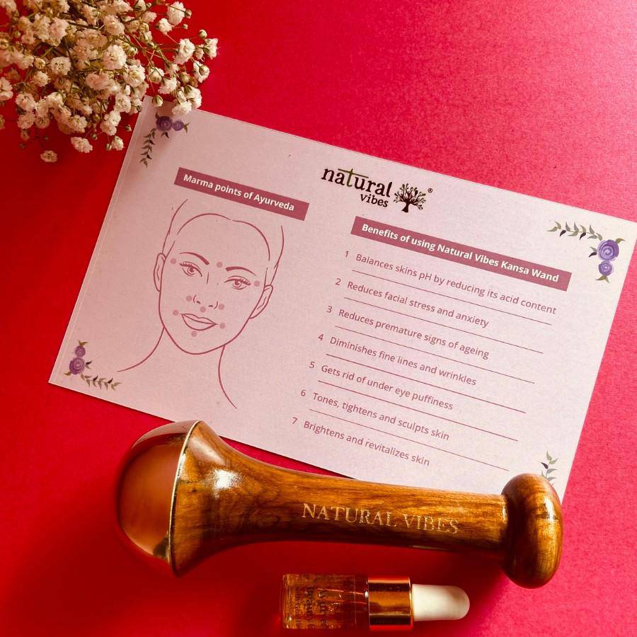 Kansa Face Massage Wand with FREE Gold Beauty Elixir Oil – Massager by Natural Vibes available on Brown Living™. . SKU: 063 - 11070 - NV_Kansa_Wand_oil. Img 5.
