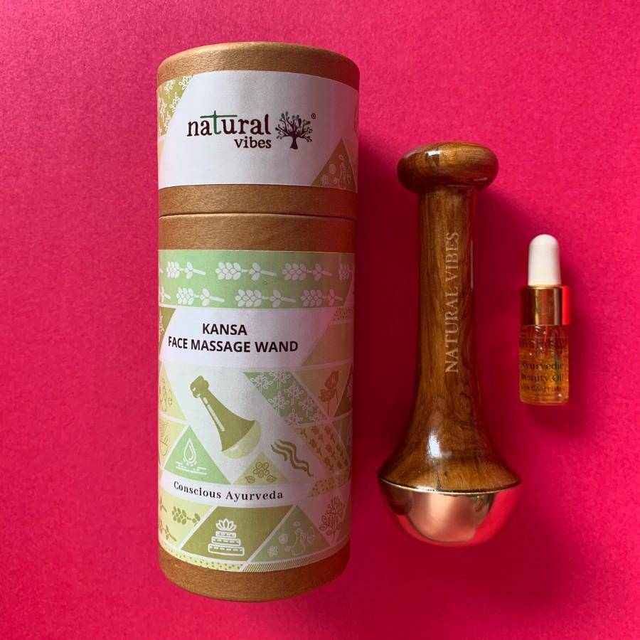 Kansa Face Massage Wand with FREE Gold Beauty Elixir Oil – Massager by Natural Vibes available on Brown Living™. . SKU: 063 - 11070 - NV_Kansa_Wand_oil. Img 3.