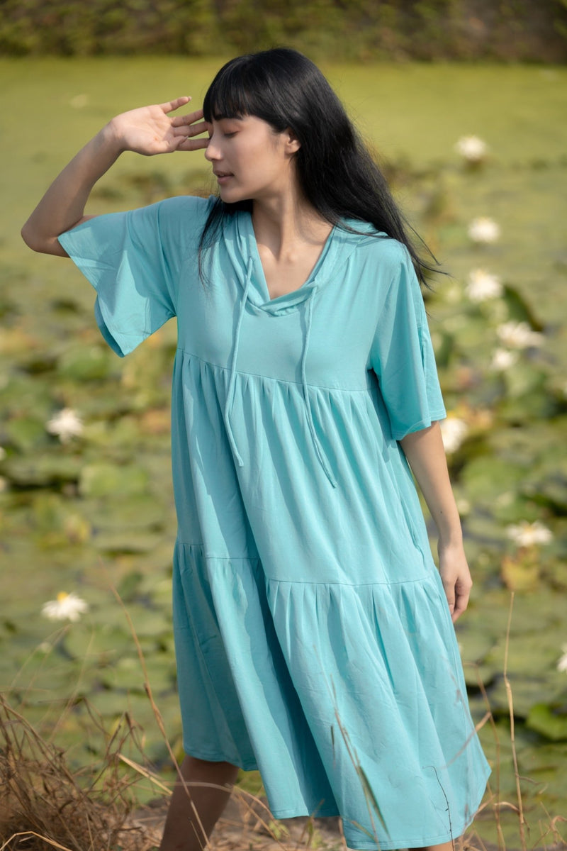 Katir- Hoodie Dress With Slit Bell Sleeves - Aqua Blue | Verified Sustainable Womens Dress on Brown Living™