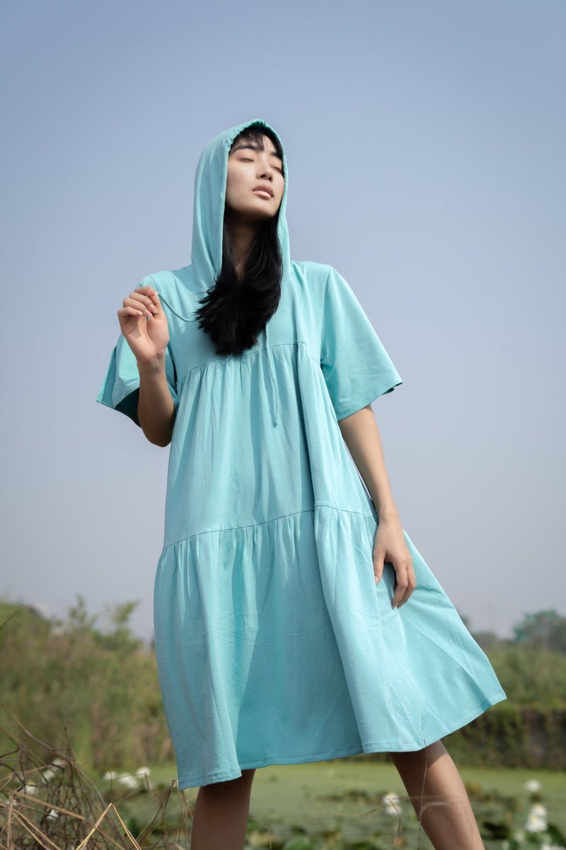 Katir- Hoodie Dress With Slit Bell Sleeves - Aqua Blue | Verified Sustainable Womens Dress on Brown Living™