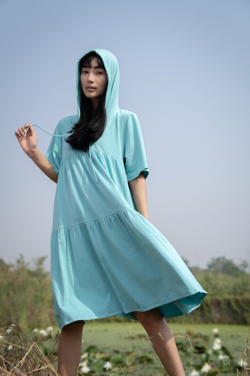Katir- Hoodie Dress With Slit Bell Sleeves - Aqua Blue | Verified Sustainable Womens Dress on Brown Living™