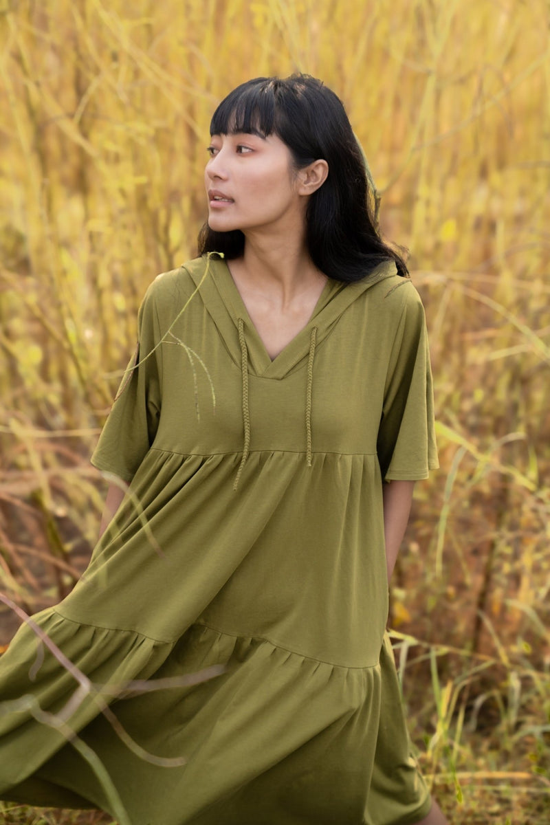 Katir- Hoodie Dress With Slit Bell Sleeves - Avacado Green | Verified Sustainable Womens Dress on Brown Living™