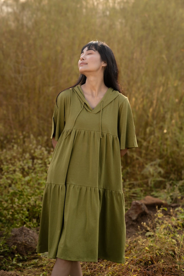 Katir- Hoodie Dress With Slit Bell Sleeves - Avacado Green | Verified Sustainable Womens Dress on Brown Living™