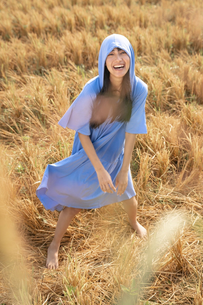 Katir- Hoodie Dress With Slit Bell Sleeves - Vista Blue | Verified Sustainable Womens Dress on Brown Living™