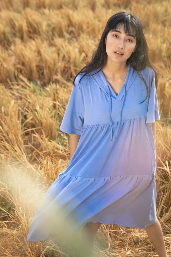 Katir- Hoodie Dress With Slit Bell Sleeves - Vista Blue | Verified Sustainable Womens Dress on Brown Living™