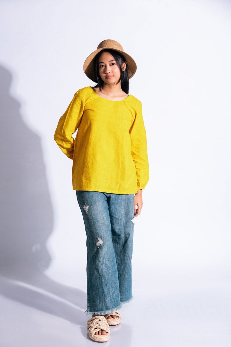 Buy Knot Me Up | Yarn Dyed 100% Cotton | Mustard Yellow Deep Back Top with Bow | Shop Verified Sustainable Products on Brown Living